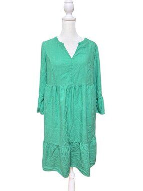 J Jill Green Linen Blend Dress XS Bell Sleeve Tiered Casual